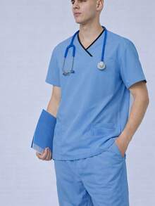 Men's Summer Contrast Trim Short Sleeve Top And Pants Set, Nurse/Doctor/Veterinary/Caregiver Uniform - Baby Blue - View 3