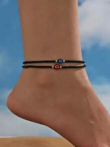2pcs Creative Handmade Beaded Devil Eye Minimalist Anklet, Versatile For Any Occasion - Blue+Black - View 7