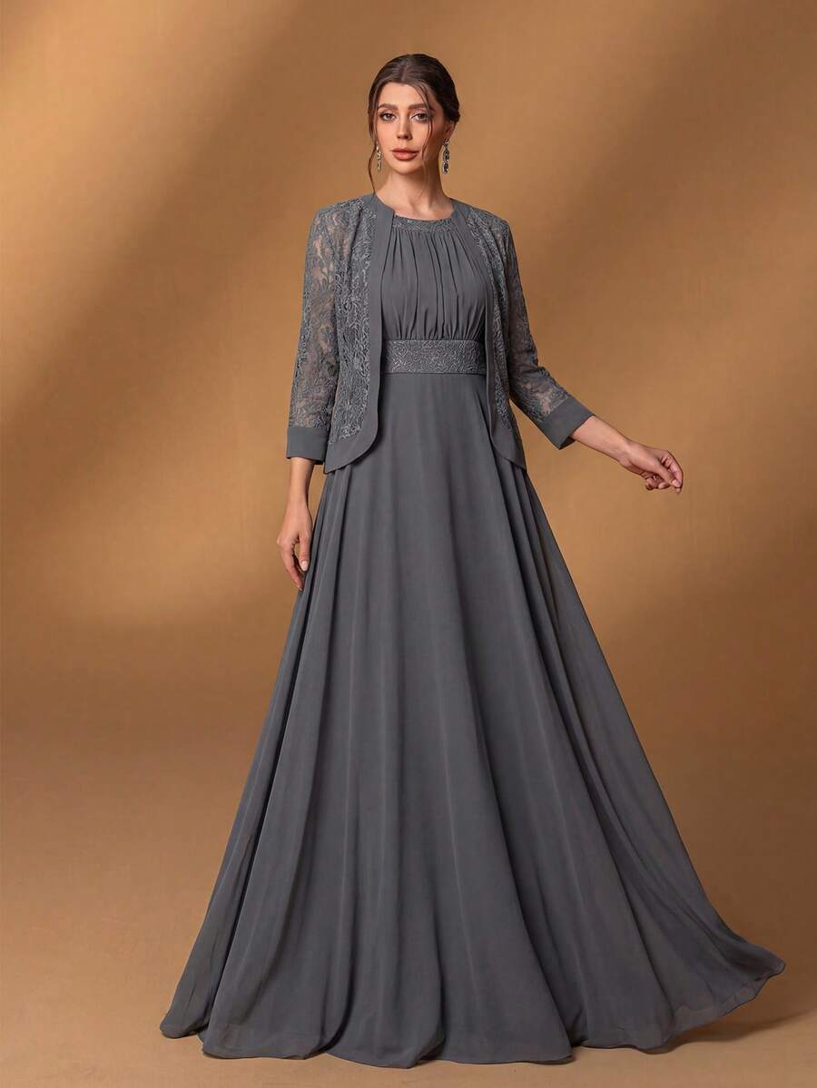 Faeriesty Bộ 2 món váy maxi chiffon màu xám đậm thanh lịch, bao gồm áo khoác ren, váy dạ hội dáng chữ A tay lỡ, thích hợp cho các quý cô tham dự tiệc tùng, đám cưới, hoặc làm trang phục cho mẹ cô dâu vào mùa xuân. - Xám - Xem 1