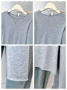 宽松卷边长袖T恤，轻薄面料，修身版型，春季叠穿上衣 - 灰色 - 查看 10