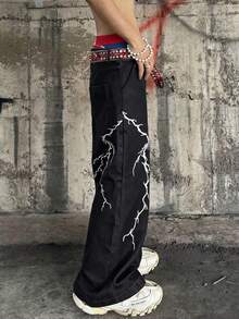 1pc Men's Infinite Jeans, American Hip Hop Street Vintage Loose Design Niche Lightning Embroidery Wide-Leg Jeans (Product Does Not Include Belt And Accessories) - Black - View 3