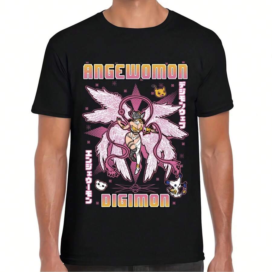 Angewomon DigimonS Anime Graphic T-Shirt - Unisex Adult Casual Tee With Angelic Character & DigimonS Print, All-Season Comfort Fit, Round Neck Short Sleeve Shirt For Men & Women, Anime Fan Apparel - 黑色7 - 查看 1