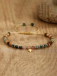 Youth Gift, Cross Bracelet, Christian Gift, Youth Inspirational Gift, Natural Stone Bracelet, - Multicolor - View 7