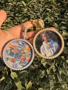 1pc Custom Extra Large Faux Pearl Round Photo Frame, Men's Hip Hop Style Round Pendant Necklace With Brass Cubic Zirconia, Shiny , Comes With 20-Inch Cuban Chain Pendant - Pearl Photo Frame - View 2