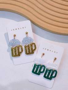 一对亚克力材质圣帕特里克节绿色和金色啤酒造型闪光耳环，可爱有趣的节日派对耳环，女士款 - 彩色 - 查看 6