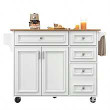 White Vintage Pattern Kitchen Island (110*45-75*92cm) - Removable Serving & Dining Trolley, Multifunctional Buffet Cabinet With Storage, All-In-One For Kitchen & Dining Room - White - View 8