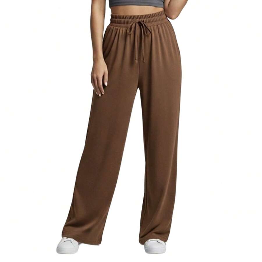 Women's Wide-Leg Sweatpants, High Waist, Faux Drawstring, Wide Waistband, Flare Leg, Comfortable Summer Style - 鏽棕色 - 查看 1