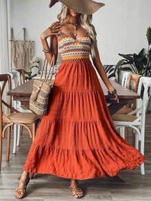 Slim, Romantic, Basic, Fashion, Everyday, Neutral, Relaxed. Spring. Casual, Beach.  Beach Dress: Bohemian Style Maxi With Tote - trái cam - Xem 2