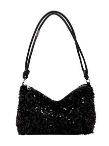 女士银色亮片单肩包，拉链闭合，腋下手提包，纯色托特包，适合婚礼、舞会、旅行等场合。 - 彩色 - 查看 13