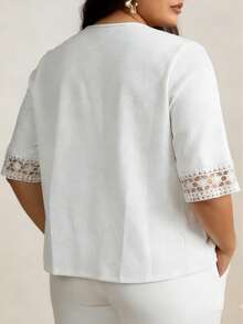 Plus Size Women White Jacket Coat, Spring/Summer Lace Patchwork Waist Fitted Short Sleeve Top, Casual Commuter Short Jacket - White - View 3