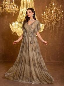 UNITHORSE [Random Print] Women V-Neck Ruffle Sleeve Fitted Backless Mesh Evening Dress - Brown - View 6