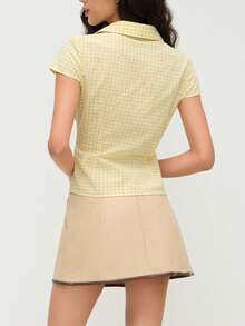 Women Short Sleeve Plaid Button Up Shirt Y2K Button Down Collared Blouse Summer Vintage Slim Fit Gingham Top - Yellow - View 4