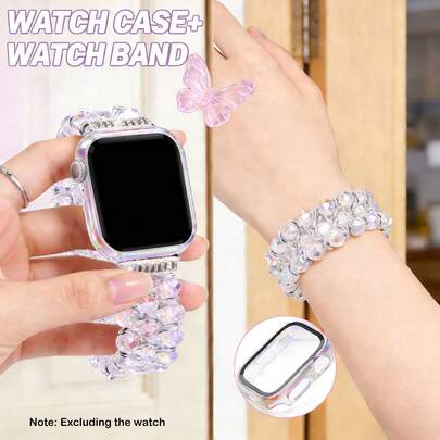 1 Set Rainbow Color Watch Protective Case And Watch Band, Suitable For Apple Watch 38mm, 40mm, 41mm, 42mm, 44mm, 45mm, 46mm, 49mm Bands. Crystal Elastic Bands, Fit For Ultra Series SE 11, 10, 9, 8, 7, 6, 5, 4, 3, 2, 1. Ideal Gift For Watch Accessories.