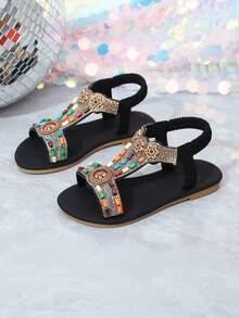 1 Pair Kids Summer Flat Sandals, Colorful Rhinestone Elastic Band Slip-On, Bohemian Style Flower Decor, Children Beach Sandals, Suitable For Vacation. The Color And Arrangement Of The Beads Are Random. - Black - View 3