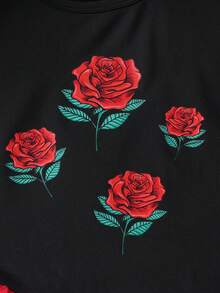 2pcs/Set Girls Rose Floral Print Vest Top & Mesh Hem Skirt Set, Spring/Summer - Black - View 3