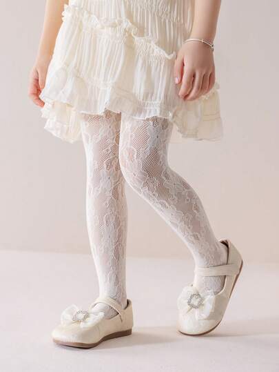 1件春夏幼儿/女童镂空花卉图案连裤袜，精致柔软透气裸色网眼袜，百搭连衣裙、户外活动、婚礼、生日礼物