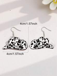 1 Pair Western Cowboy Style Fashionable Versatile Black & White Cow Print Acrylic Cowboy Hat Drop Earrings, Suitable For Women Party, Daily Wear, Vacation Outfit - Black and White - View 2
