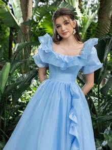 Faeriesty Elegant Prom Dresses Charming Ruffle Trim Square Collar Puff Sleeves Organza Homecoming Party Dress Ideal For Back To School, Holiday Gathering, Evening Dance & Cocktail Events - Baby Blue - View 8