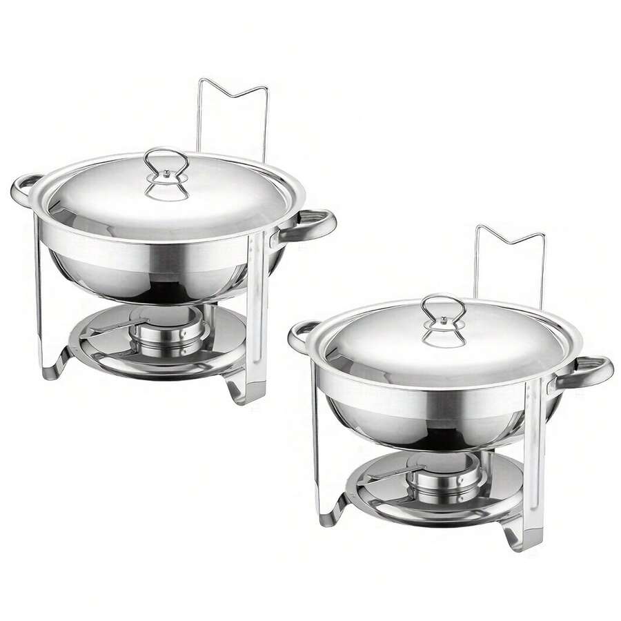 4.5L Stainless Steel Chafing Dish Set 2 Pack: Round With Lid & Tongs For Events Catering - Silver - View 1