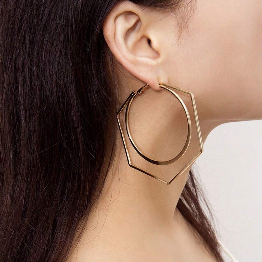 1 par de pendientes colgantes geométricos de metal con doble círculo exagerado, adecuados para mujeres en vacaciones y uso diario - Pendientes hexagonales - Ver 1