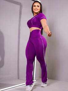 Women's Gym Set: Top And Leggings, Flare Ballerina Style, High Waist, Supplex, Workout Clothes - Purple - View 4