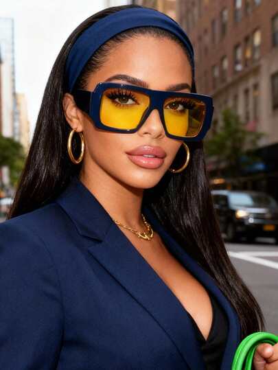 1 Pair Square Large Frame Blue Women's Fashion Glasses, Personalized Street Style Beach Accessory, Outdoor Travel Driving Women's Glasses, Same Style As Ins Influencers