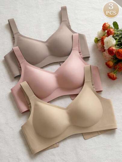 3件套简约舒适女士运动文胸，无钢圈，纯色