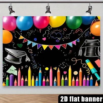 2D Plane, 1 Piece Of Graduation Party Background Banner - Vibrant Colored Pencils, Graduation Caps And Balloon Designs, Suitable For Photo Booths, Classrooms And Celebration Events, Graduation Party Decoration, Classroom Decoration, Lively Design,