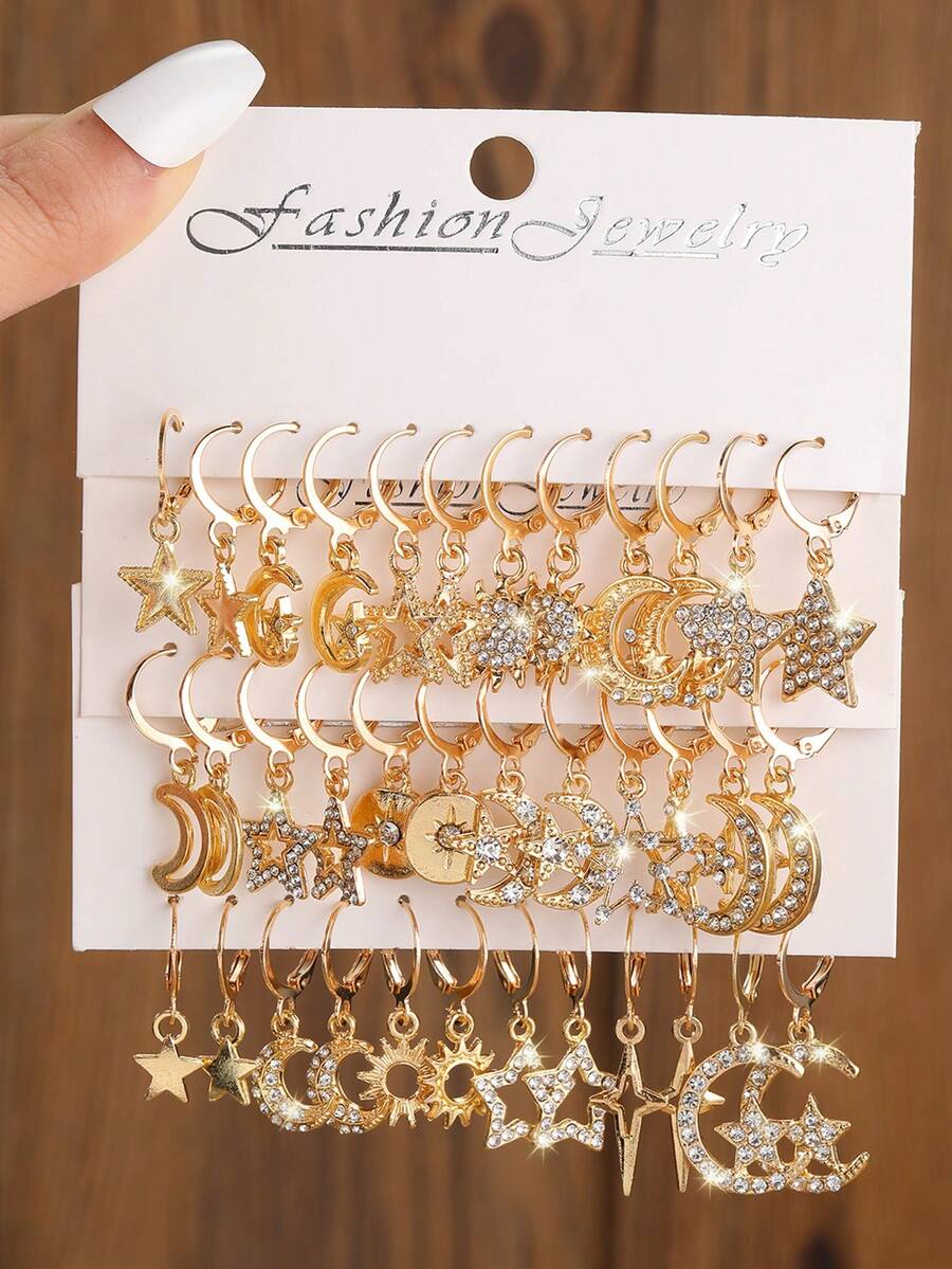 6 pares de pendientes con strass con diseño de estrellas y lunas, en color dorado, accesorios de joyería para niñas, adecuados para uso diario, festivales y fiestas - Multicolor - Ver 1