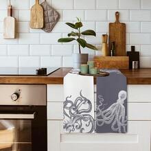Coastal Grey Octopus Beach Decor Dish Hand Tea Towels For Bathroom Kitchen, Gir Ly Octopus Ocean Nautical Beachy Bathroom Decor, Coastal Kitchen Towels And Dishcloths Sets Of 2, 16x24 Inch - 灰色 - 查看 6