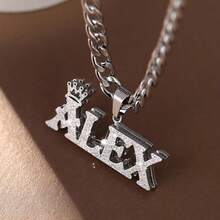 Customized Name Double Layer Necklace Personalized Crown Double Nameplate Pendant Stainless Steel Cuban Chain Fashion Simple Men's Jewelry Blingbling Spring And Summer Customized Accessories King's Day Birthday Gift For Boyfriend Father's Day Gift, Wedding Fashion Jewelry - Multicolor - View 2