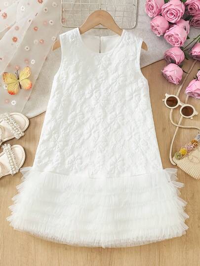 Girls Sleeveless Cake Princess Dress, Floral Bowknot Back Design, Knee-Length, Casual/Party Wear, Suitable For 8-12 Years Old, Summer