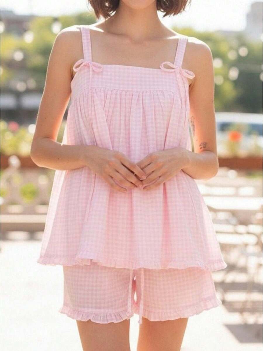 Women's Plaid Shorts Outfit Loose Fit Stylish Bows Ruffled Trim Spaghetti Strap Tops And Shorts 2 Pcs Set - Pink - View 1