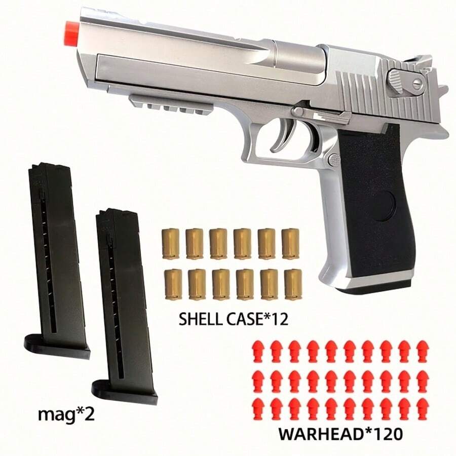 Cool Silver Rapid-Fire Soft Bullet Toy Gun With 12 Shell Casings, 120 Bullet & 2 Magazine - Ejecting Shells Foam Blaster, Continuous Shooting Educational Toy For Outdoor Games, Halloween & Birthday Gift For Kids - Bạc - Xem 1