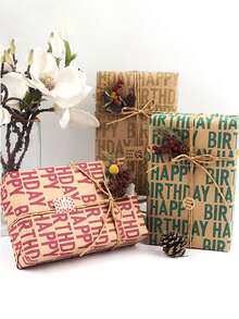 1 Roll Happy Birthday Gift Wrapping Paper - Vintage Striped Kraft Paper With Gold Glitter Accents, High-Quality DIY Party Decor For Weddings, Birthdays, Graduations, Thanksgiving, Birthday Parties, Holiday Gift Wrapping, Elegant Presentation, Craft Supplies For Holidays - Multicolor - View 2