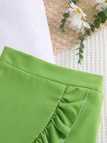Young Girl Summer Casual Vacation & Daily Commute Letter Print Petal Sleeve T-Shirt And Ruffle Hem Skirt Set - Green - View 3