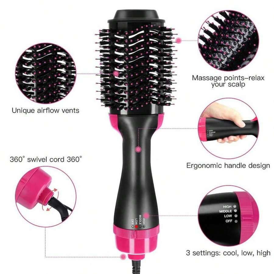 1 Pc Multifunctional Hot Air Comb,4-In-1 Hot Air CombHair Dryer, For Hair Curler & Straightener, Puffy Hairstyling,One-Step Volumizer Hair Dryer And Styler,Less Frizz, More Shine And Less Heat Damage For Salon-Style Blowouts Black/Pink - 查看 1