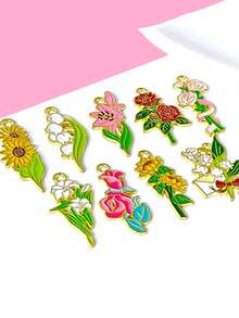 10pcs/Set Colorful Alloy Enamel Flower Keychains, Including Rose, Lily Of The Valley, Sunflower, Etc. Cute Small Decorations, Couples Creative Gifts, Comes With Thank You Card. Suitable For Holidays, Party Decor, Teacher's Day, Valentine's Day, Birthday Gifts - Multicolor - View 3