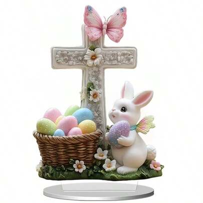Easter Cross Rabbit Figurine, Colorful Egg Basket Decor, European Countryside Style Home Decor & Holiday Gift