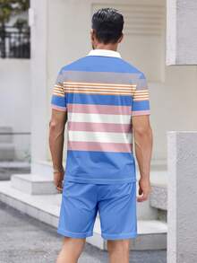 Men's Summer Casual Vacation & Commute Contrast Stripe Print Short Sleeve Polo Shirt And Drawstring Waist Shorts Set - Nhiều màu - Xem 4