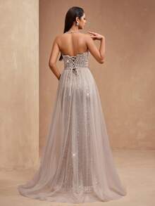 Elisanya AMILUCK Đầm đuôi cá đuôi cá cao cấp sang trọng mới, đính sequin dày, sequin, ren với lớp phủ lưới xuyên thấu - Màu be - Xem 3