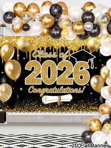 1pc Graduation Banner Background, Class Of 2026 Congrats Grad Pattern Backdrop, Black Gold Background Cloth, Indoor Outdoor Wall Decor, Graduation Decorations 2026 High School College Party Supplies, Room Home Decor - Black Gold-02 - View 10
