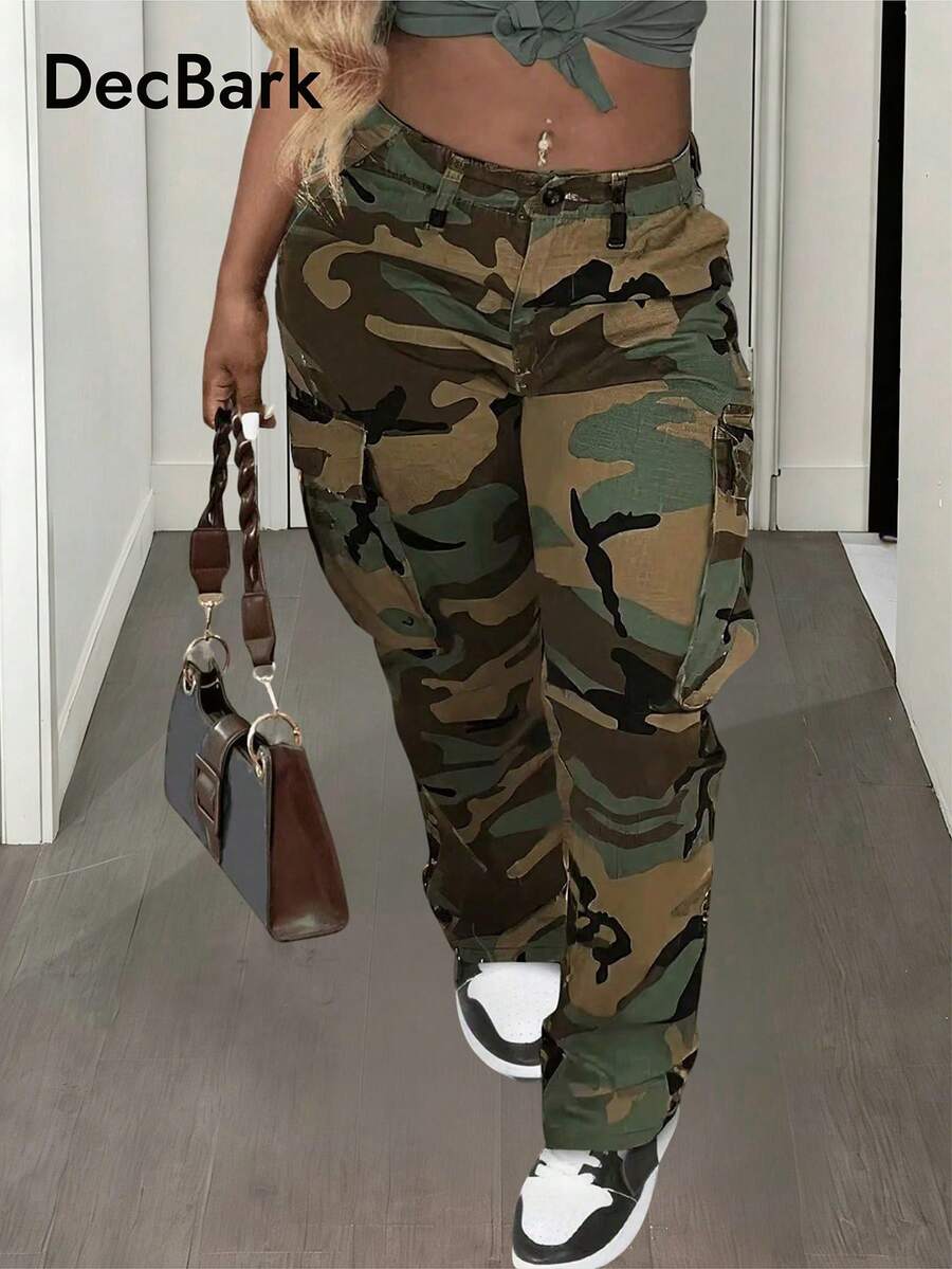 女式休闲迷彩直筒工装裤 - 軍綠色 - 查看 1