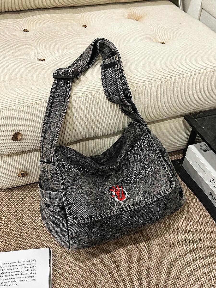 1. Fashionable Casual Washed Distressed Denim Crossbody Bag, Versatile Messenger Bag\N2. Casual Heartbeat Red Palm Print Shoulder Bag\N3. Daily Street Style Denim Bag\N4. Relaxed Underarm Tote Bag For Commuting - Multicolor - View 1