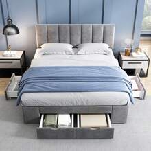 Upholstered Velvet Bed 140 X 200 Cm, Slatted Base, Headboard, 4 Drawers, Grey - Grey - View 2