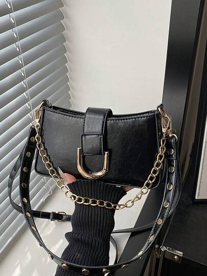 Nuevo bolso de hombro con decoración de cadena dorada de unicolor para otoño e invierno, diseño de hebilla de hardware elegante y versátil para mujeres. Adecuado para compras, carteras, compras, mujeres jóvenes, estudiantes universitarios, recién llegados y trabajadores de cuello blanco. Son muy adecuados para oficinas, universidades, trabajo, negocios, viajes al trabajo, actividades al aire libre, viajes y salidas.