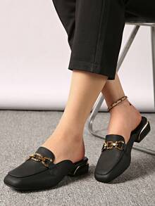 Women's Summer Slippers, New Square Toe Flat Slip-On Mules - Black - View 2