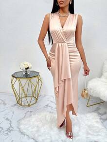 AIJ Amarilo 女士时尚无袖褶皱不对称下摆缎面裹身连衣裙，夏季派对 - 米色 - 查看 6