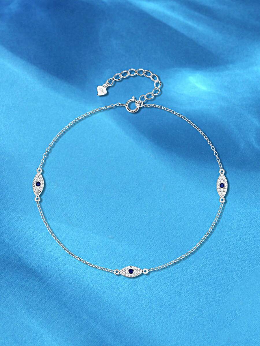 1pc S925 Sterling Silver Simple Devil's Eye Anklet, Versatile European & American Style Rhinestone Anklet, Elegant Gift - Demon Eye - View 1