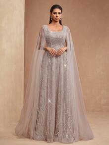 Đầm dạ hội cao cấp AMILUCK mới về dành cho nữ, kiểu dáng chữ A dài chấm đất, cổ vuông, tay bồng bằng vải lưới, đính sequin và ren, thích hợp cho tiệc cưới, dạ hội mùa xuân. - Màu be - Xem 5